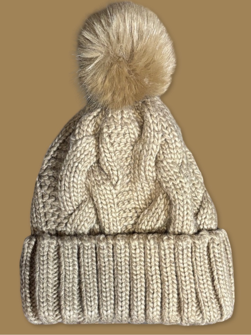 ~BUNDLE ONLY~H&M Light Beige Faux Fur Pompom Cable Knit Beanie Hat One Size